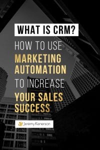 Downtown skyline with What is CRM and How to Use Marketing Automation to Increase Your Sales Success in the middle. 